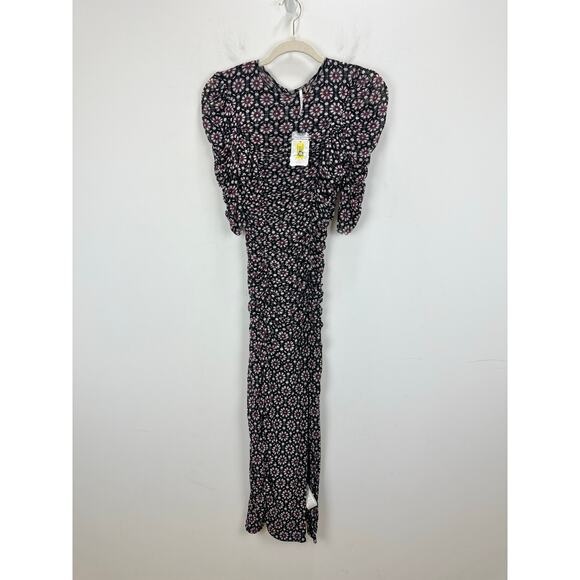 Free People Brielle Midi Dress Mesh Ruched Floral Side Slit Black Combo XS NWT - Picture 4 of 11
